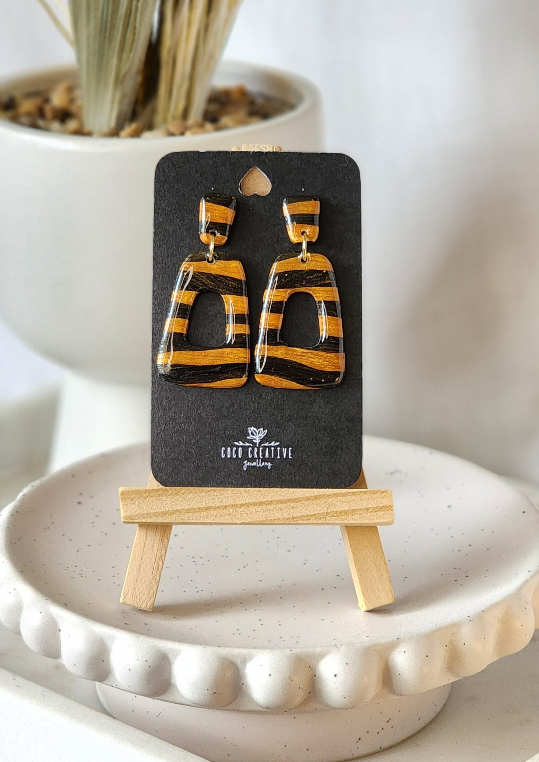 Black and Gold Bumblebee Dangles Handmade Polymer Clay Earrings