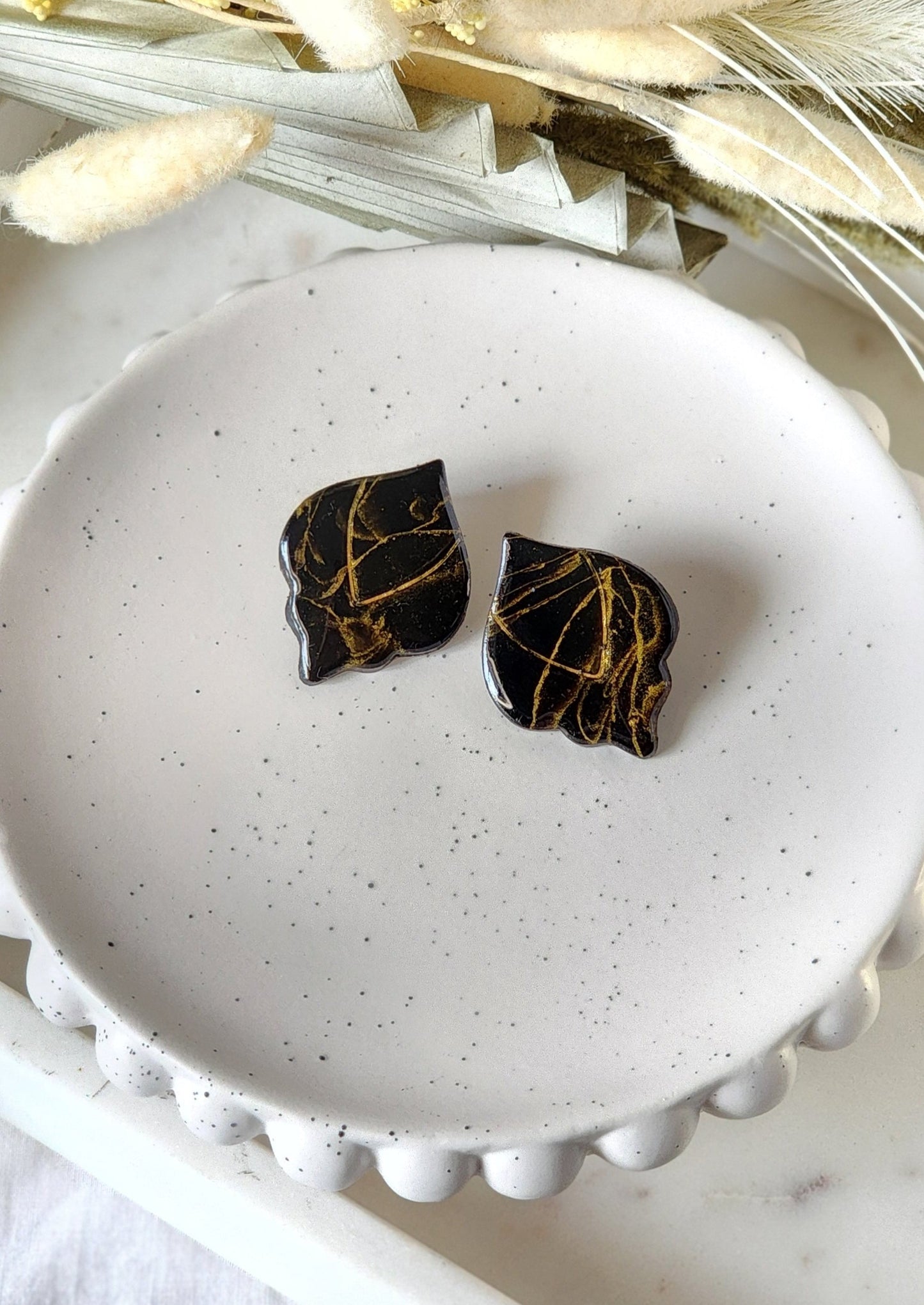 Black and Gold Marble Studs | Handmade Polymer Clay Earrings