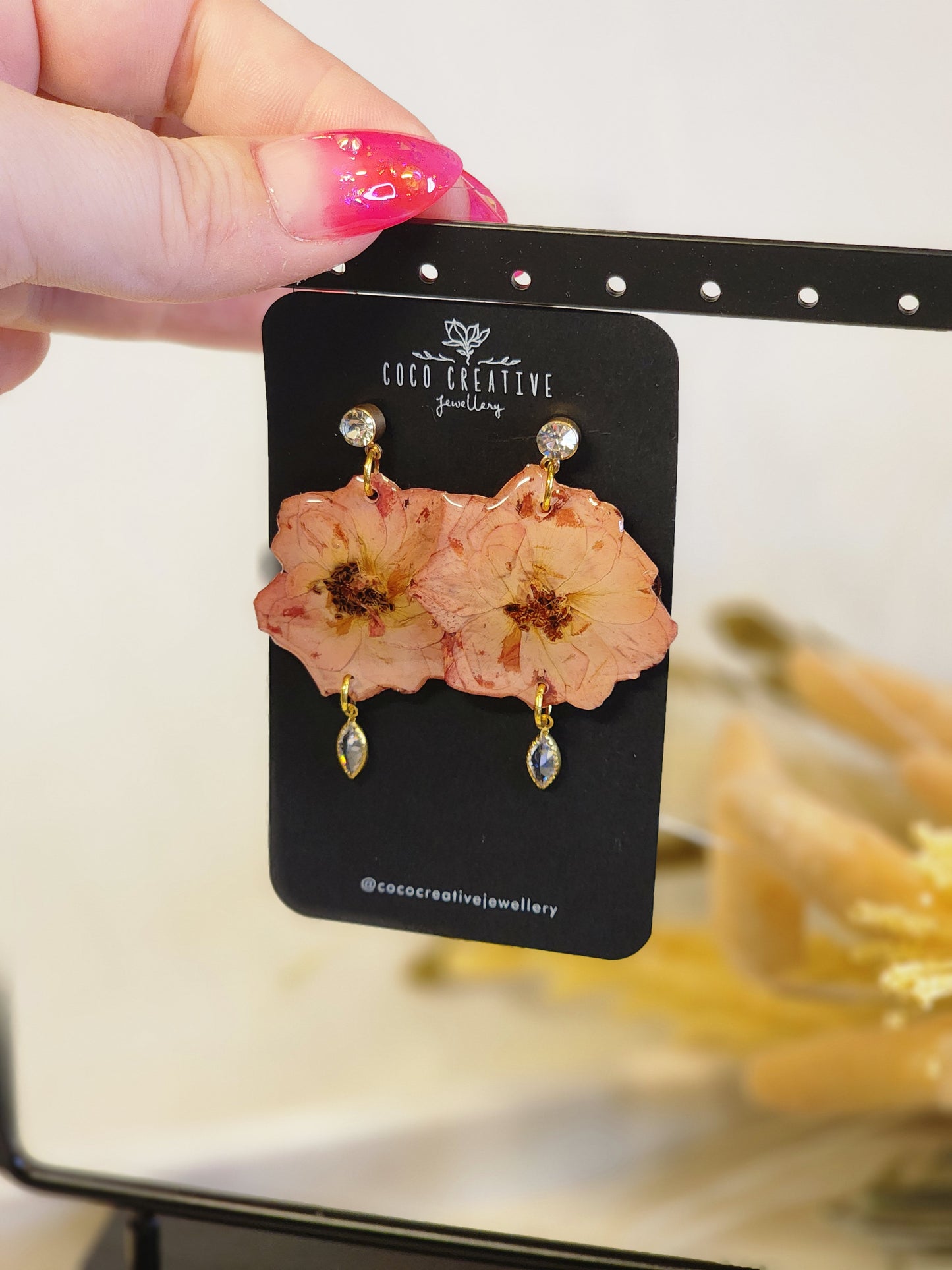 Rose Diamante Dangle Earrings | Dried Flower Handmade Earrings | Statement Dangles