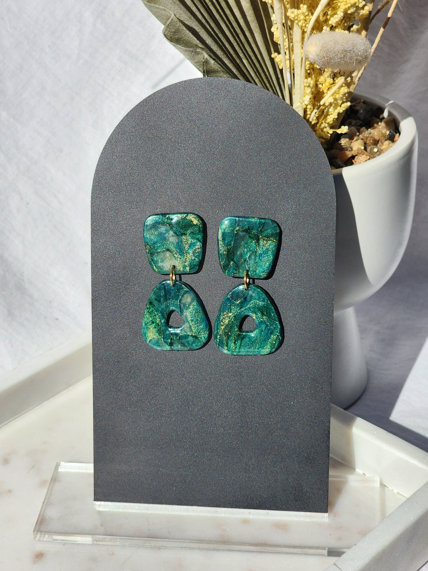 Green, Blue & Gold Marble Earrings | Handmade Polymer Clay Earrings