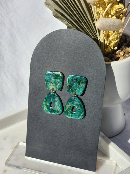 Green, Blue & Gold Marble Earrings | Handmade Polymer Clay Earrings