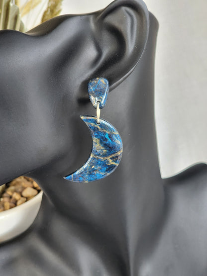 Blue & Black Marble Moon Studs | Handmade Polymer Clay Earrings