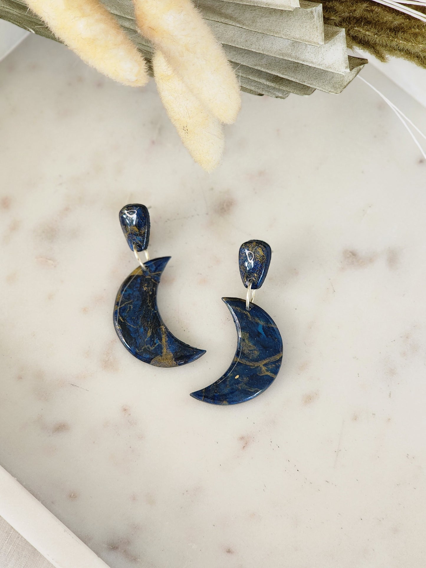 Blue & Black Marble Moon Studs | Handmade Polymer Clay Earrings