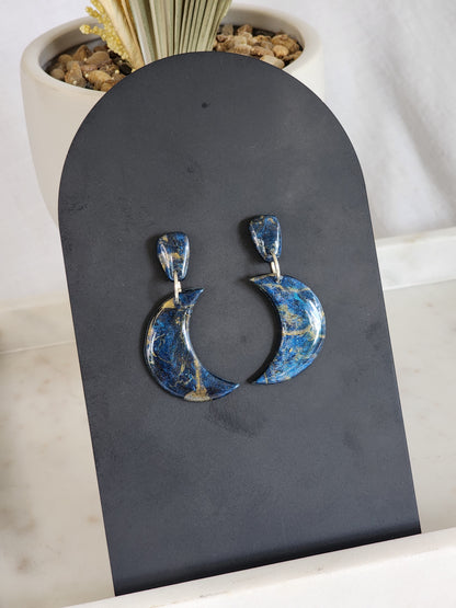 Blue & Black Marble Moon Studs | Handmade Polymer Clay Earrings