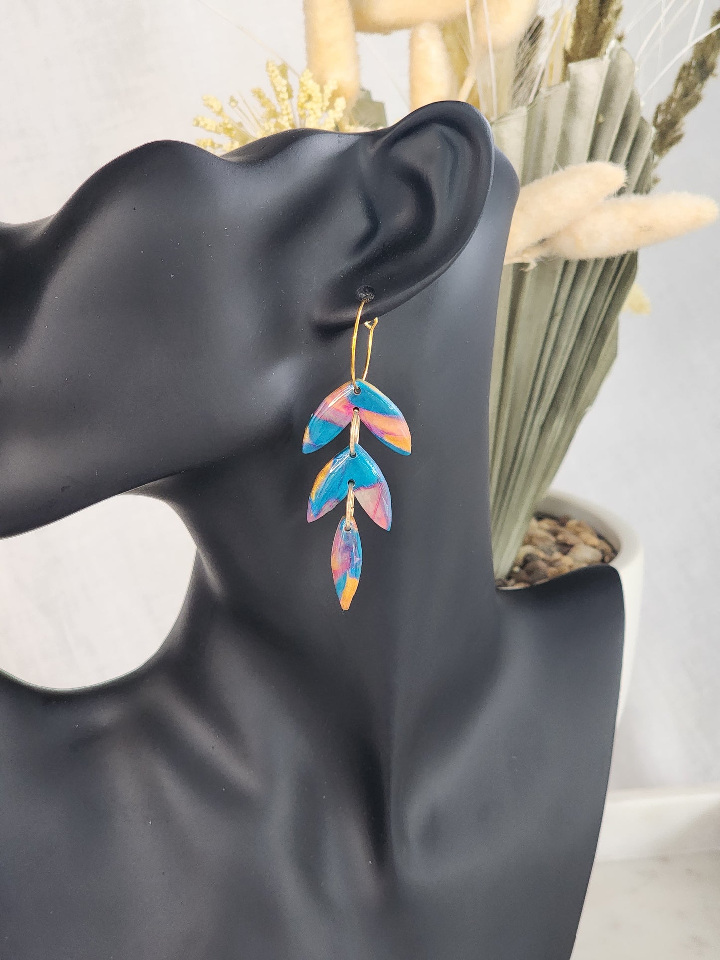 Blue & Gold Feather Hoops | Handmade Polymer Clay Earrings