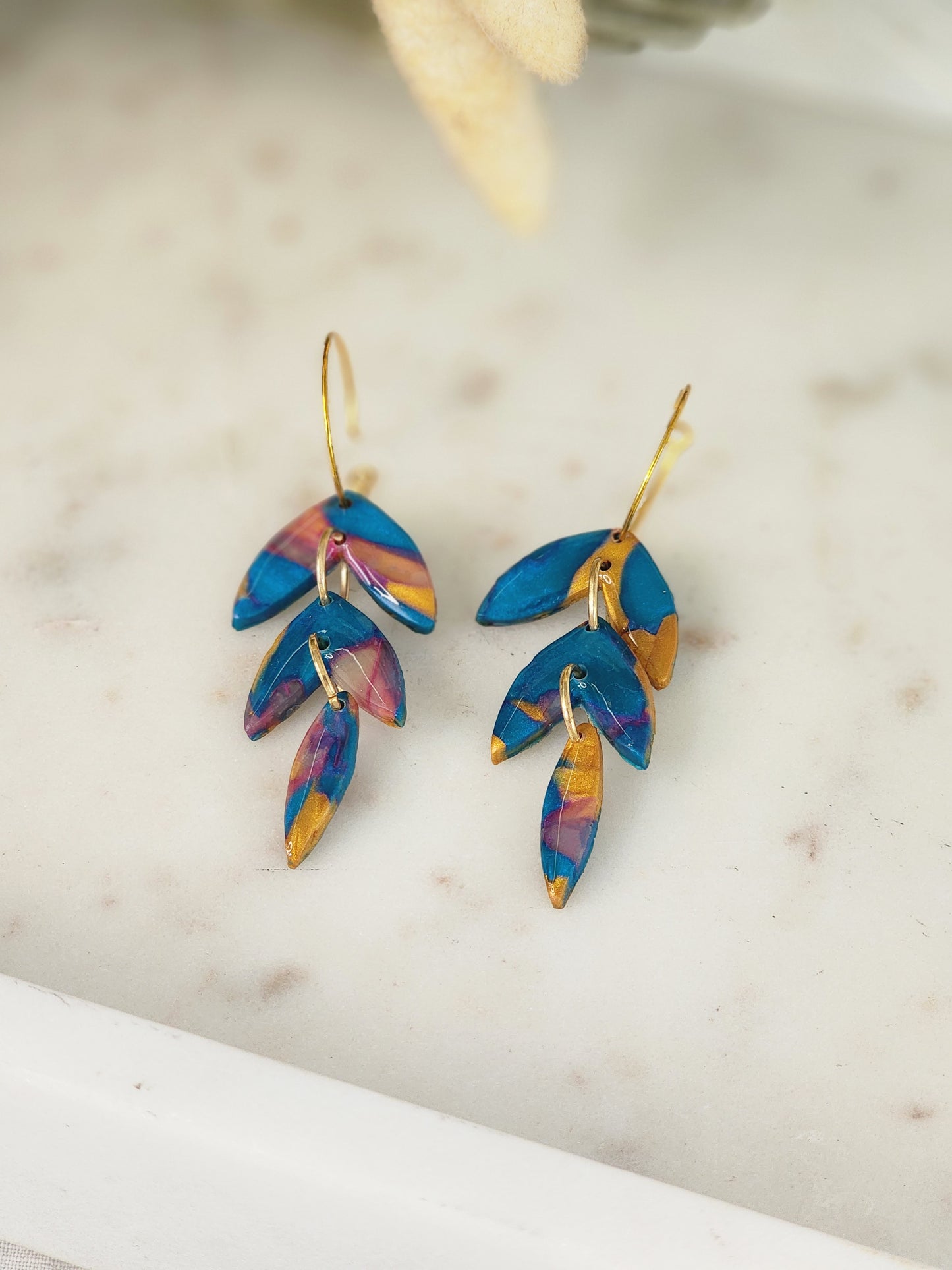 Blue & Gold Feather Hoops | Handmade Polymer Clay Earrings