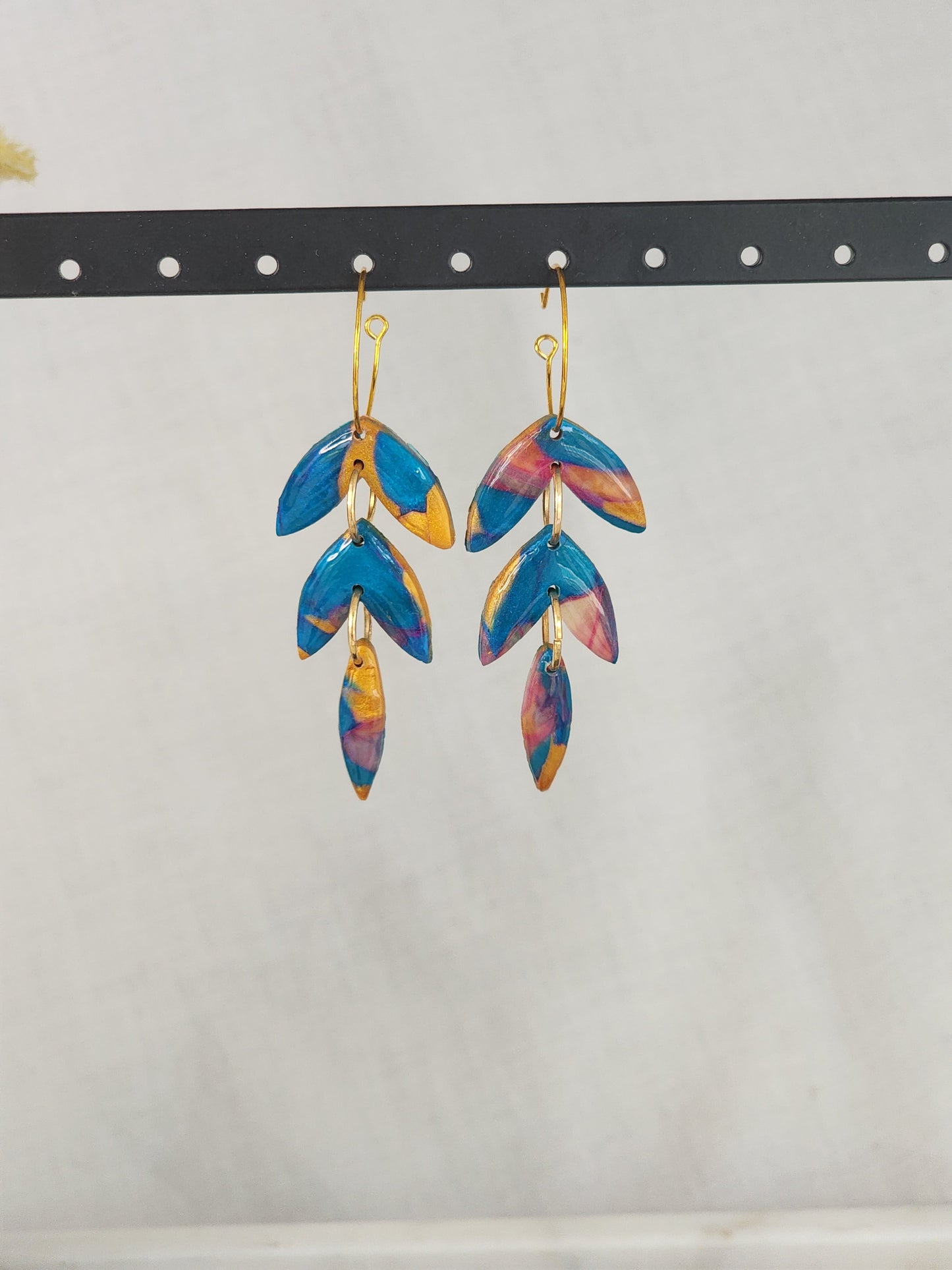 Blue & Gold Feather Hoops | Handmade Polymer Clay Earrings