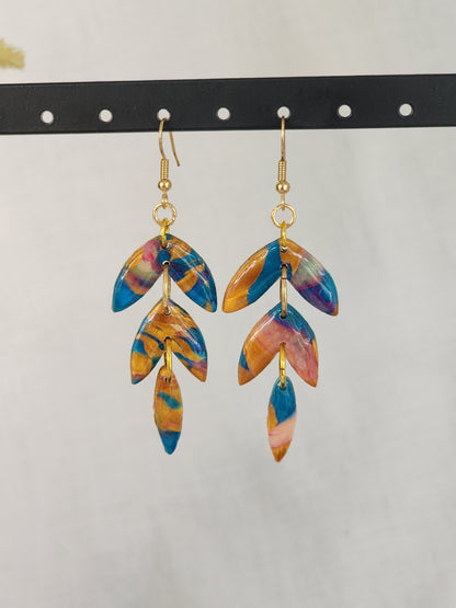 Blue & Gold Aztec Feather Dangles | Handmade Polymer Clay Earrings