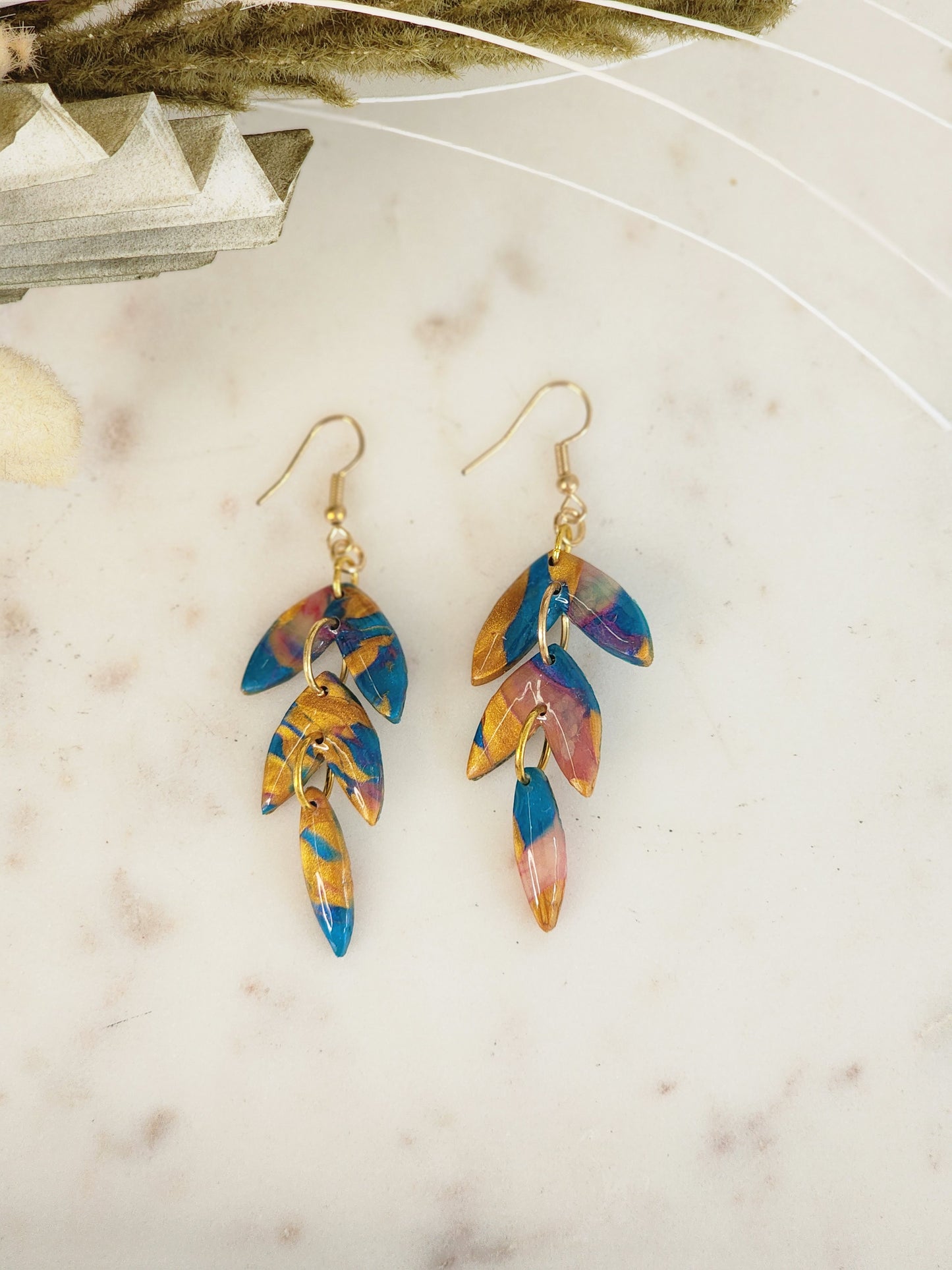 Blue & Gold Aztec Feather Dangles | Handmade Polymer Clay Earrings