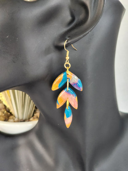 Blue & Gold Aztec Feather Dangles | Handmade Polymer Clay Earrings