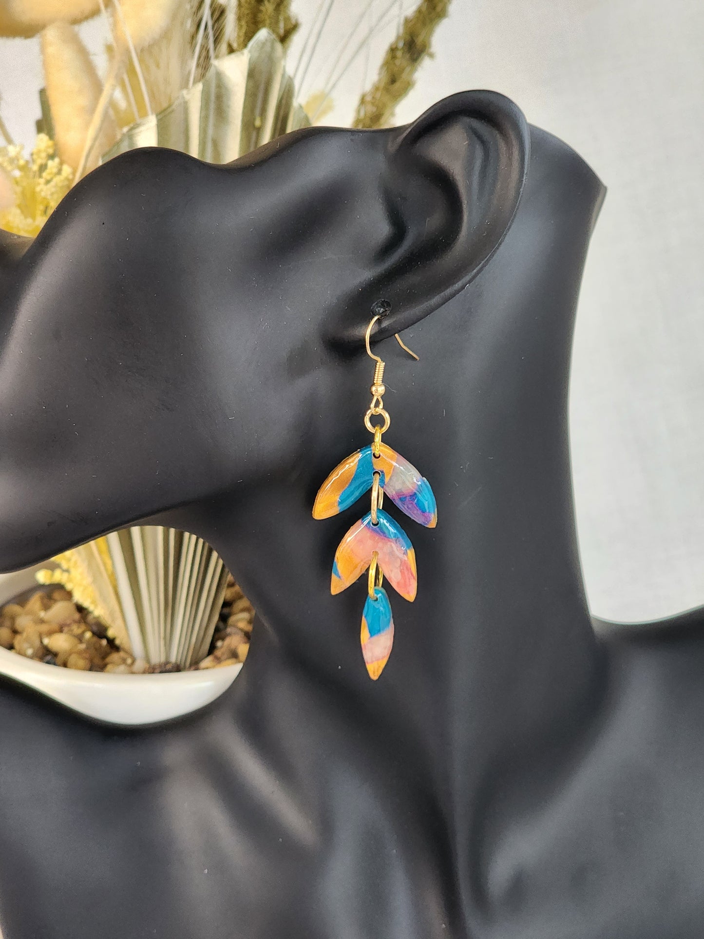 Blue & Gold Aztec Feather Dangles | Handmade Polymer Clay Earrings