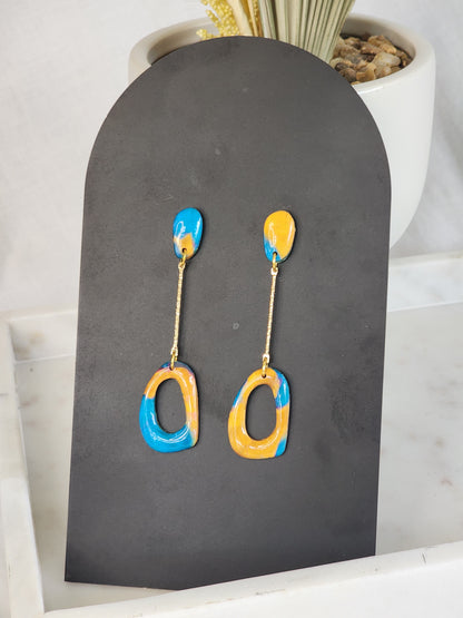 Blue & Gold Aztec Dangle Studs | Handmade Polymer Clay Earrings