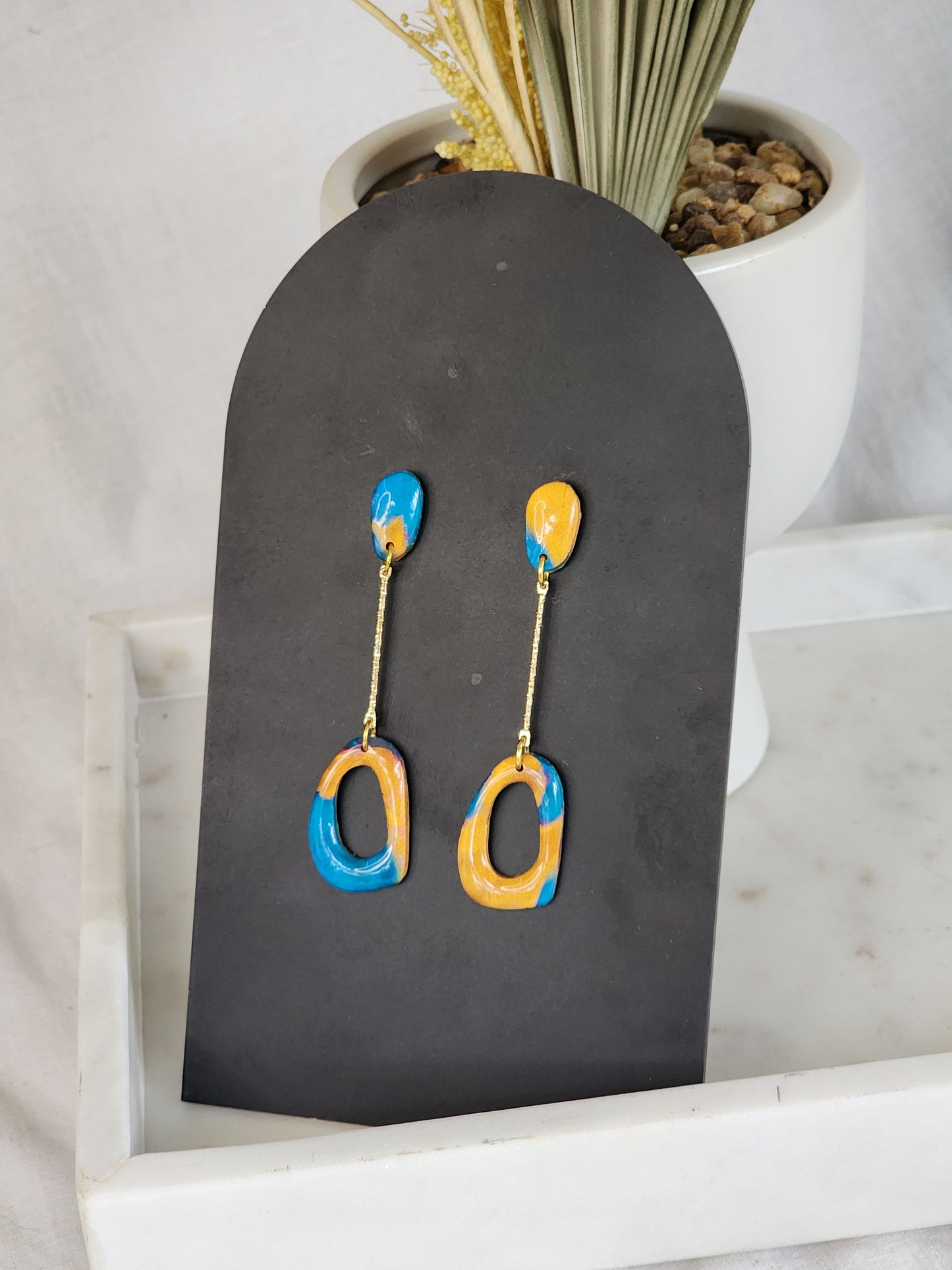 Blue & Gold Aztec Dangle Studs | Handmade Polymer Clay Earrings