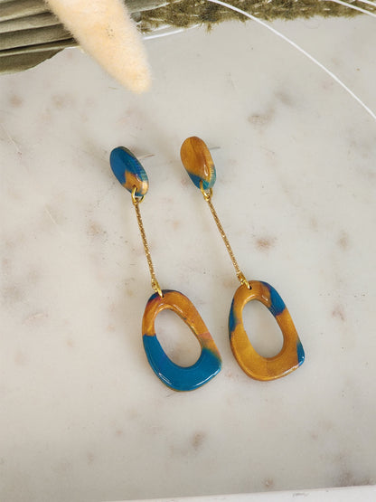 Blue & Gold Aztec Dangle Studs | Handmade Polymer Clay Earrings