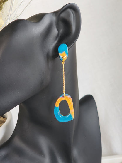 Blue & Gold Aztec Dangle Studs | Handmade Polymer Clay Earrings