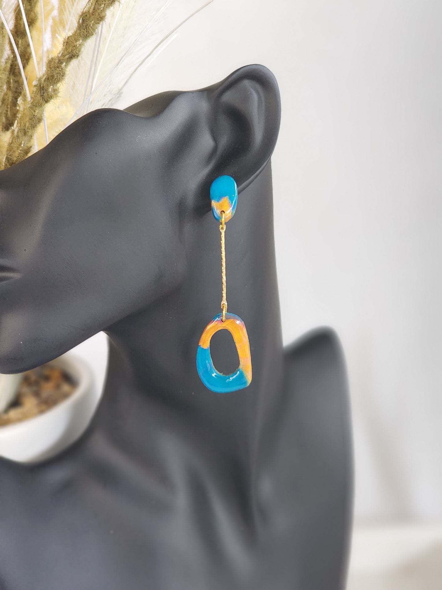 Blue & Gold Aztec Dangle Studs | Handmade Polymer Clay Earrings