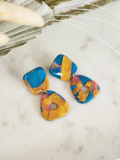 Blue & Gold Aztec Studs | Handmade Polymer Clay Earrings