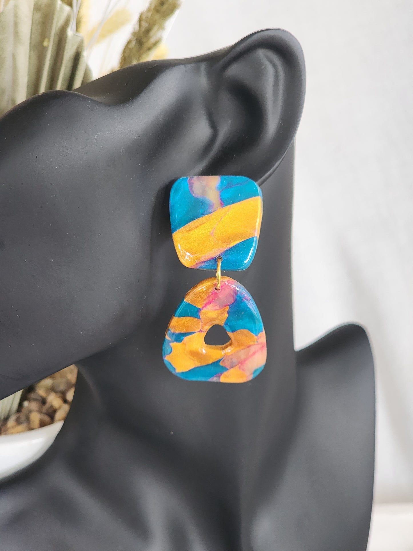 Blue & Gold Aztec Studs | Handmade Polymer Clay Earrings