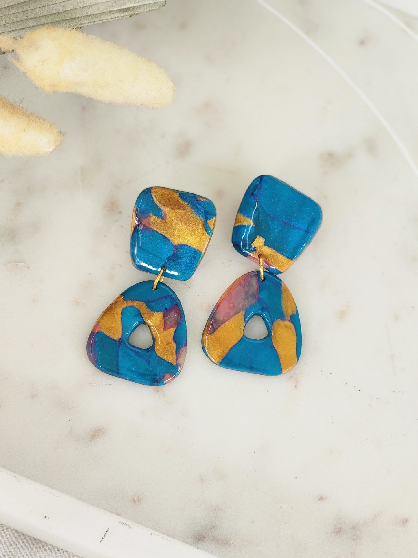 Blue & Gold Aztec Studs | Handmade Polymer Clay Earrings