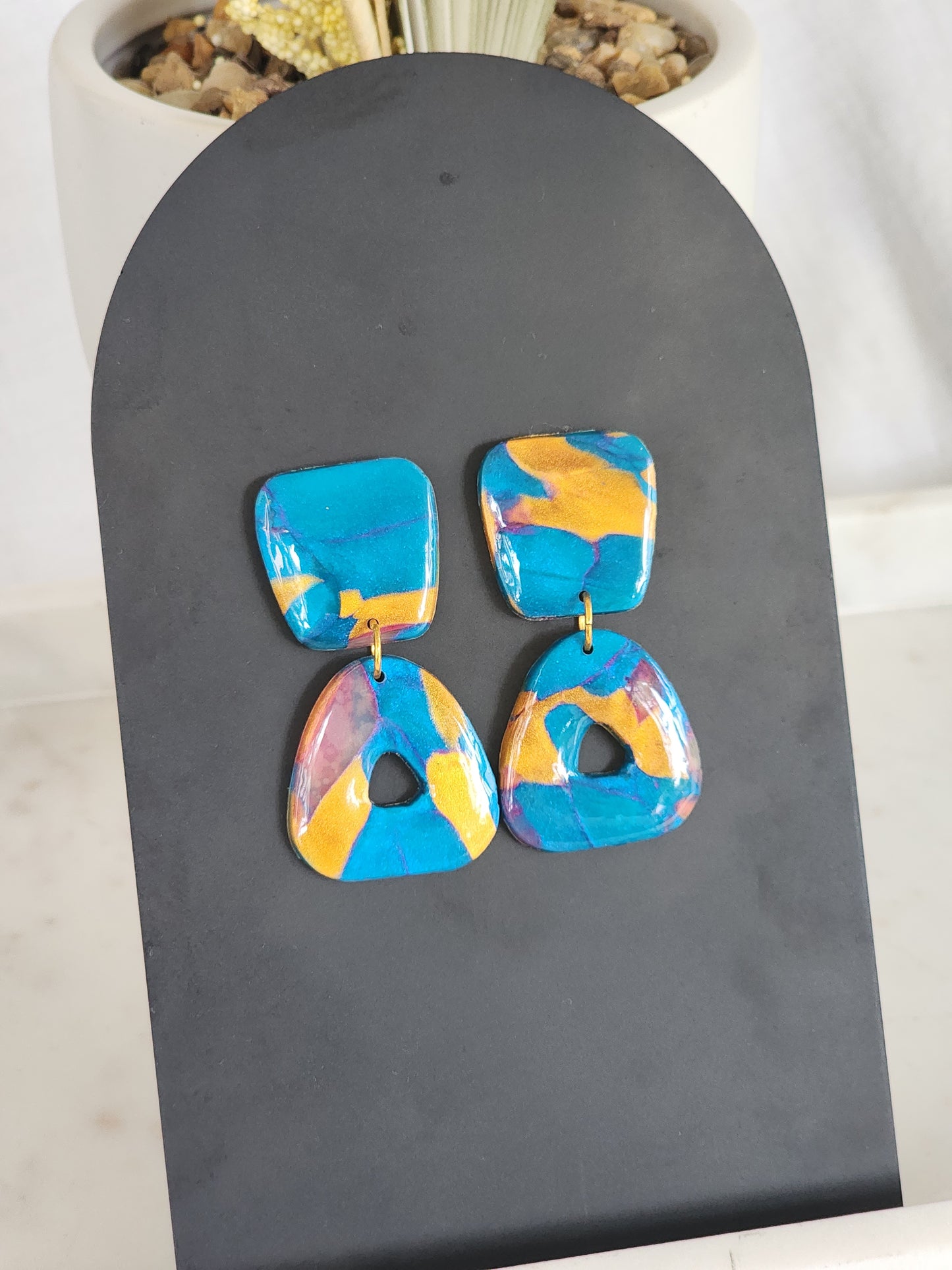 Blue & Gold Aztec Studs | Handmade Polymer Clay Earrings