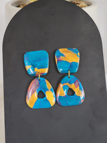 Blue & Gold Aztec Studs | Handmade Polymer Clay Earrings