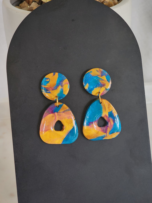 Blue & Gold Aztec Studs | Handmade Polymer Clay Earrings