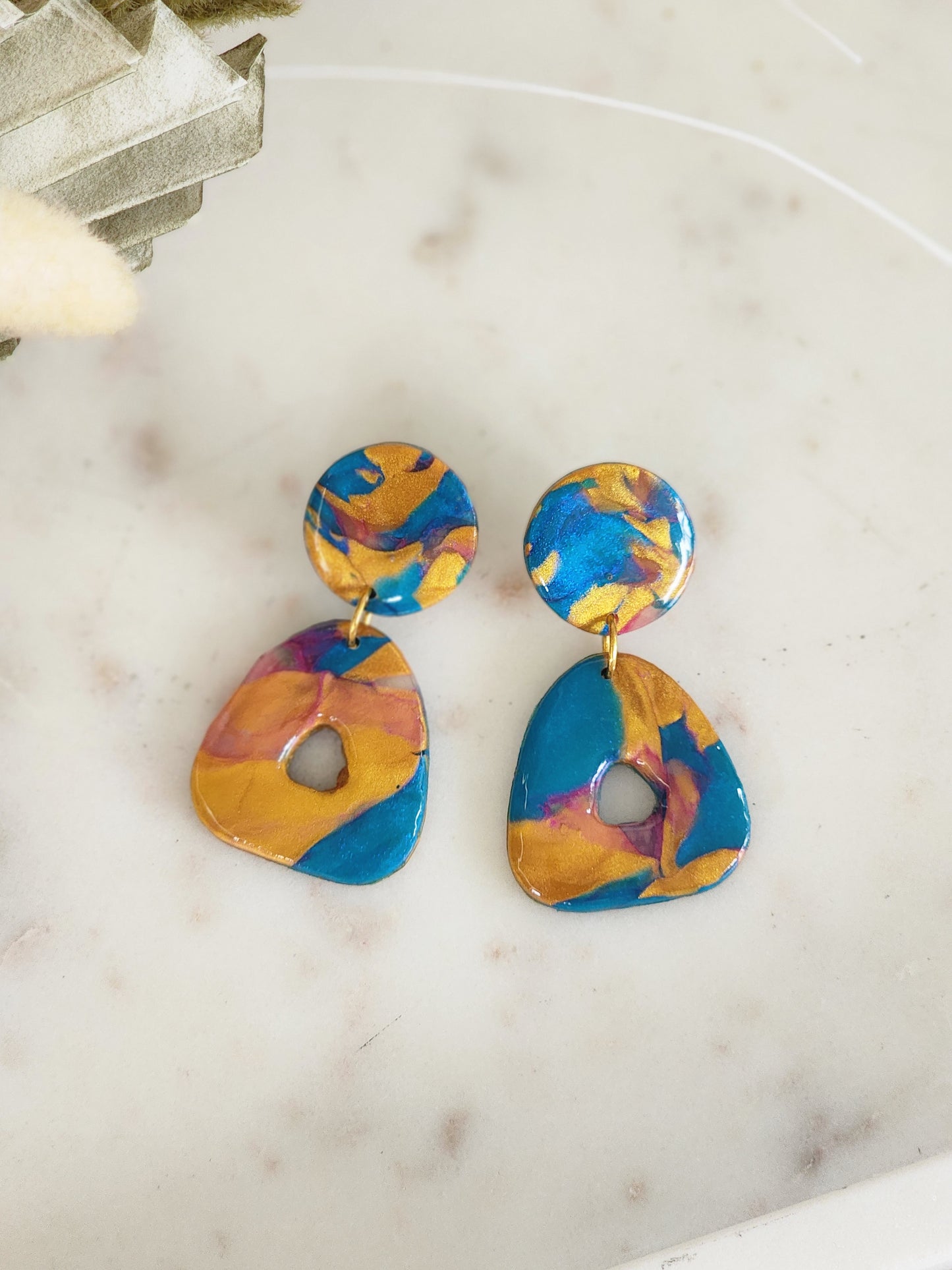 Blue & Gold Aztec Studs | Handmade Polymer Clay Earrings