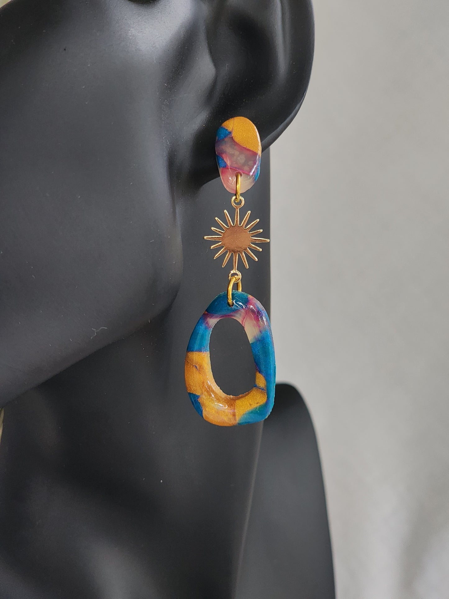 Blue & Gold Aztec Dangle Studs | Handmade Polymer Clay Earrings