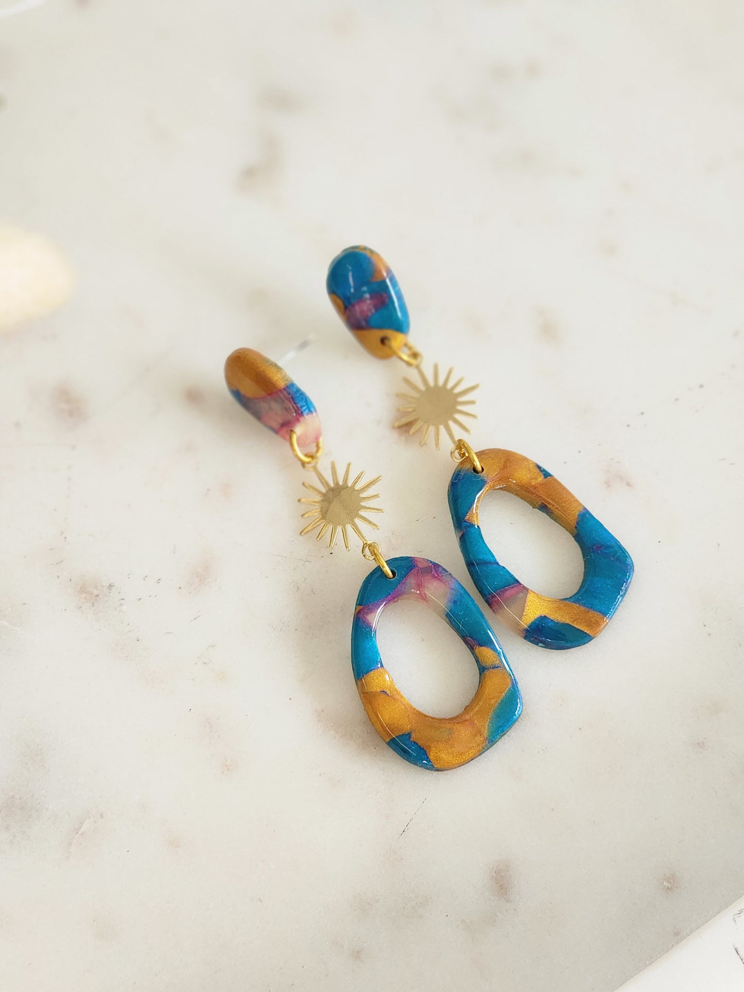 Blue & Gold Aztec Dangle Studs | Handmade Polymer Clay Earrings