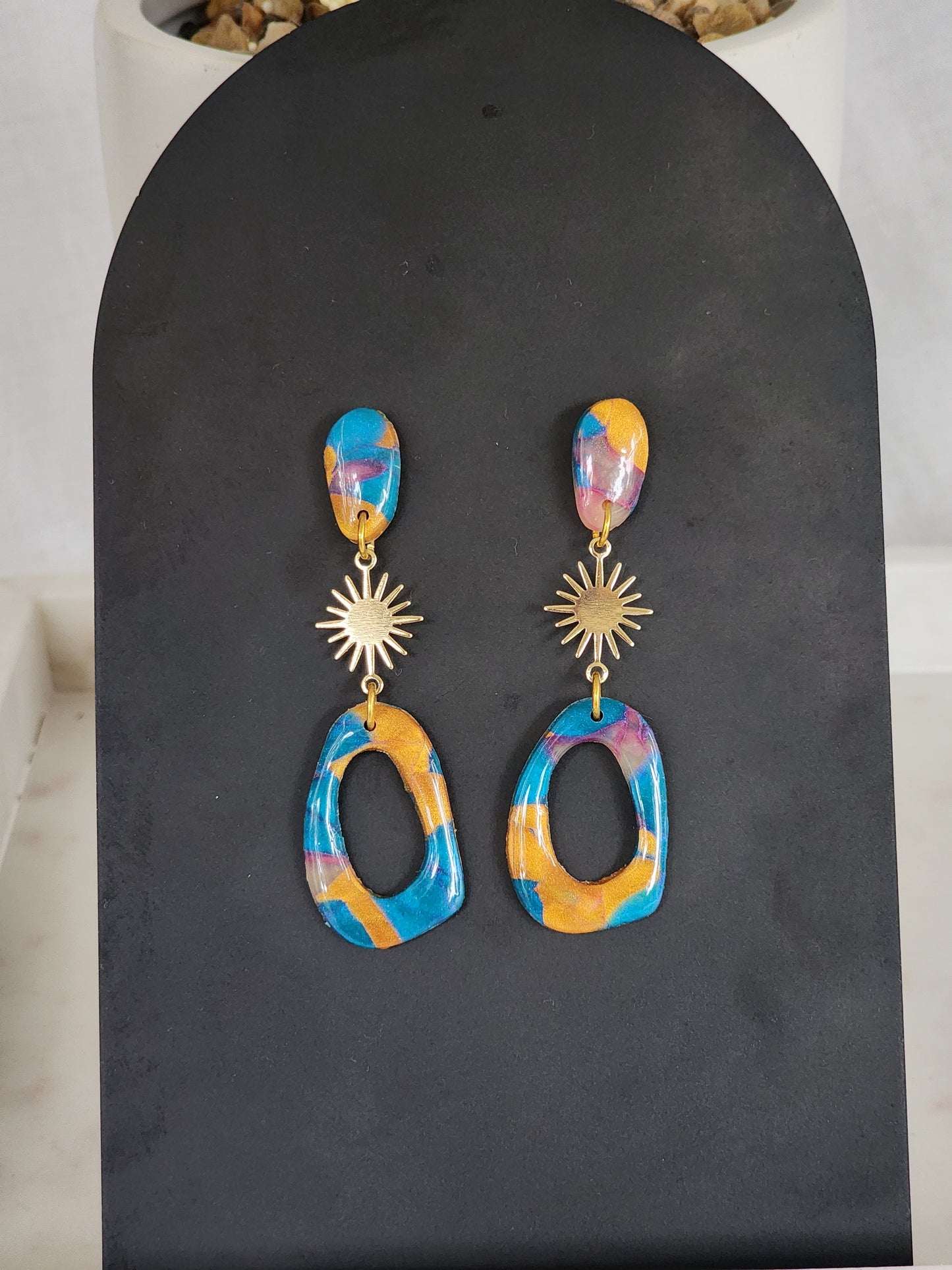 Blue & Gold Aztec Dangle Studs | Handmade Polymer Clay Earrings