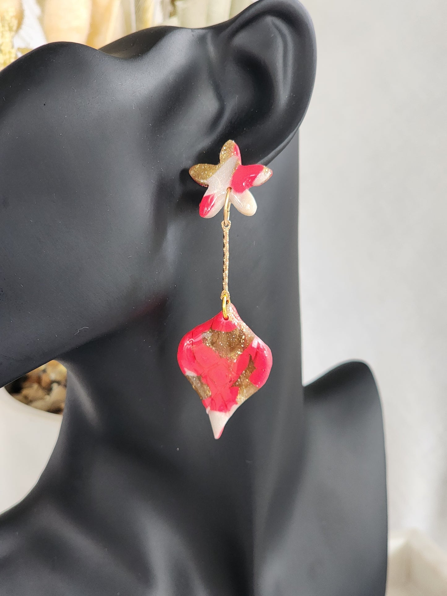 Pink & White Tear Drop Dangles | Handmade Polymer Clay Earrings