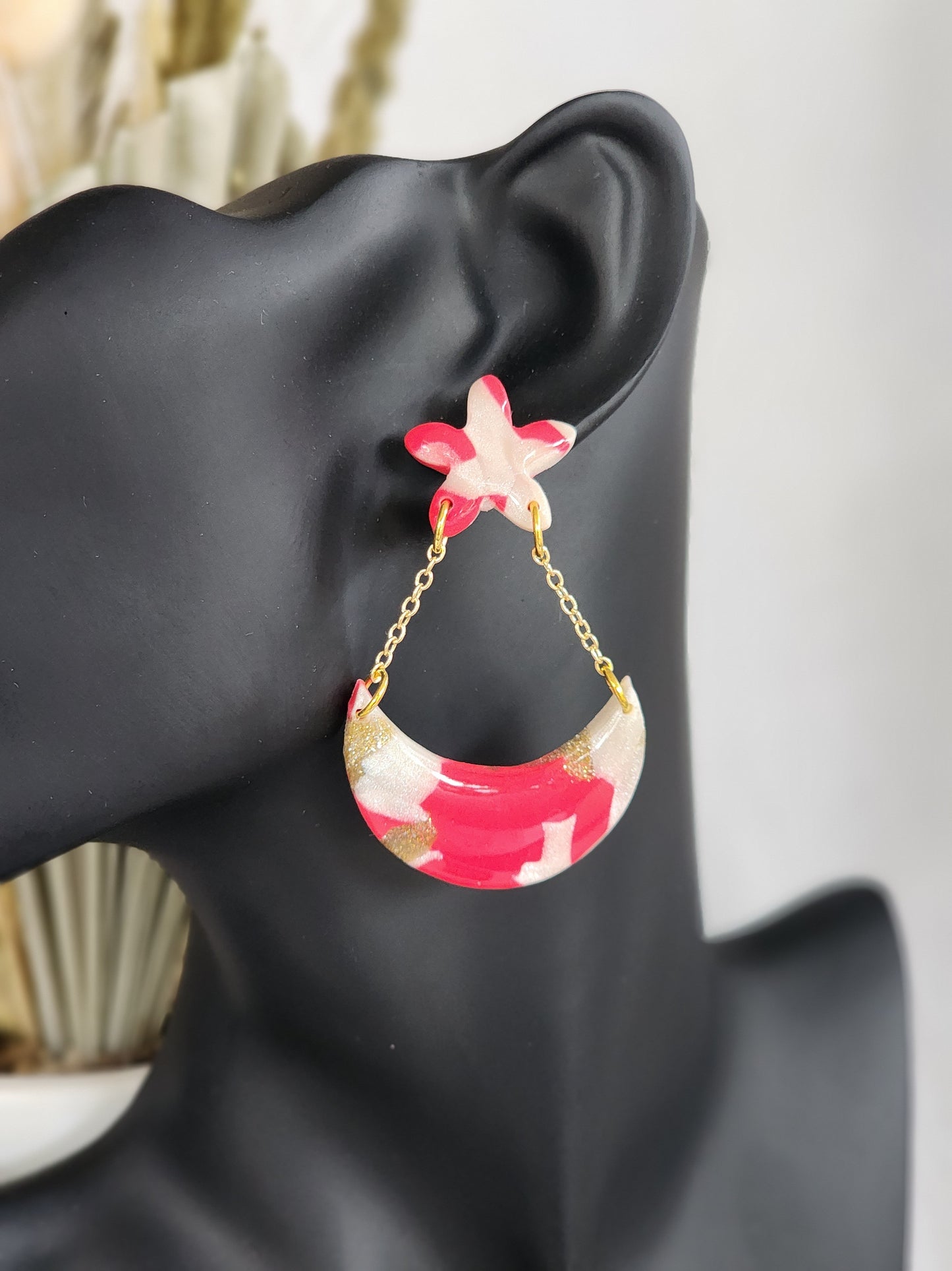 Pink & White Chain Dangles | Handmade Polymer Clay Earrings