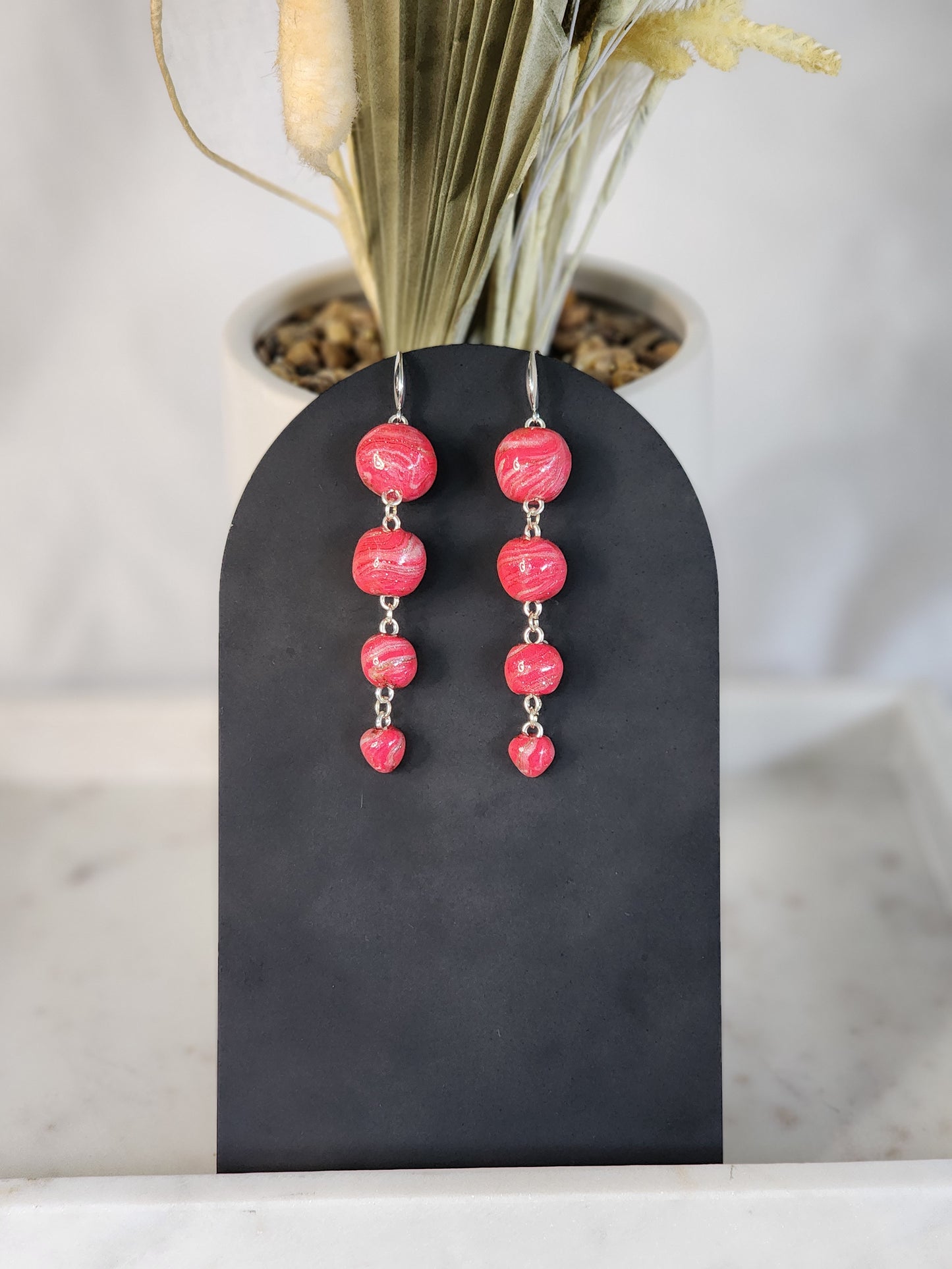 Pink & White Bead Dangles | Handmade Polymer Clay Statement Earrings