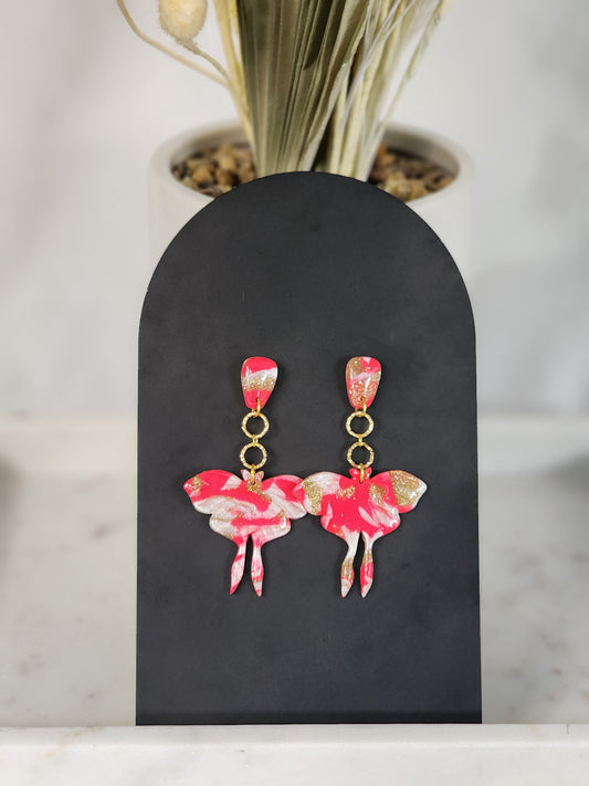 Pink & White Butterfly Dangle Studs | Handmade Polymer Clay Earrings