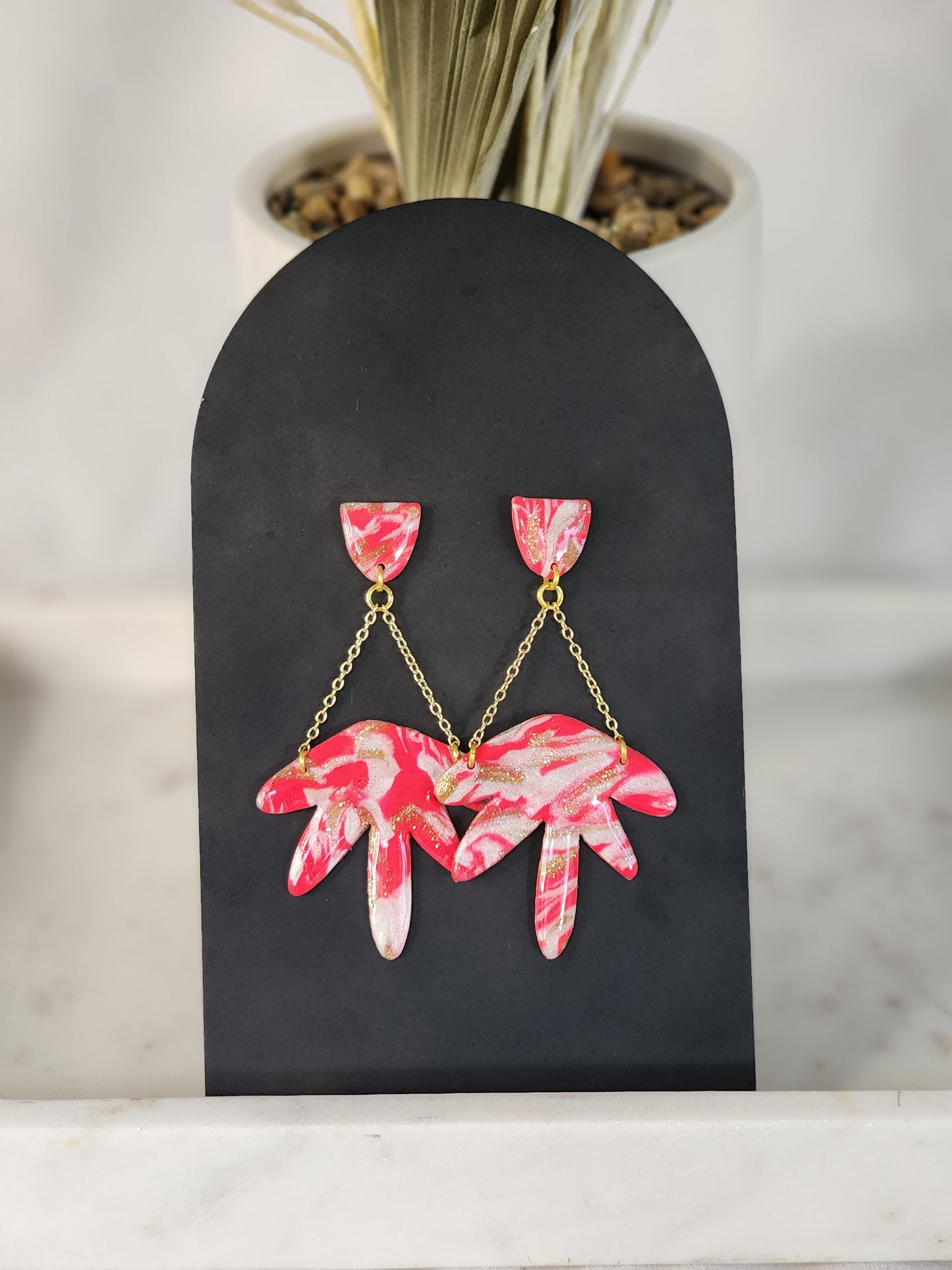 Pink & White Abstract Dangle Chain Studs | Handmade Polymer Clay Earrings