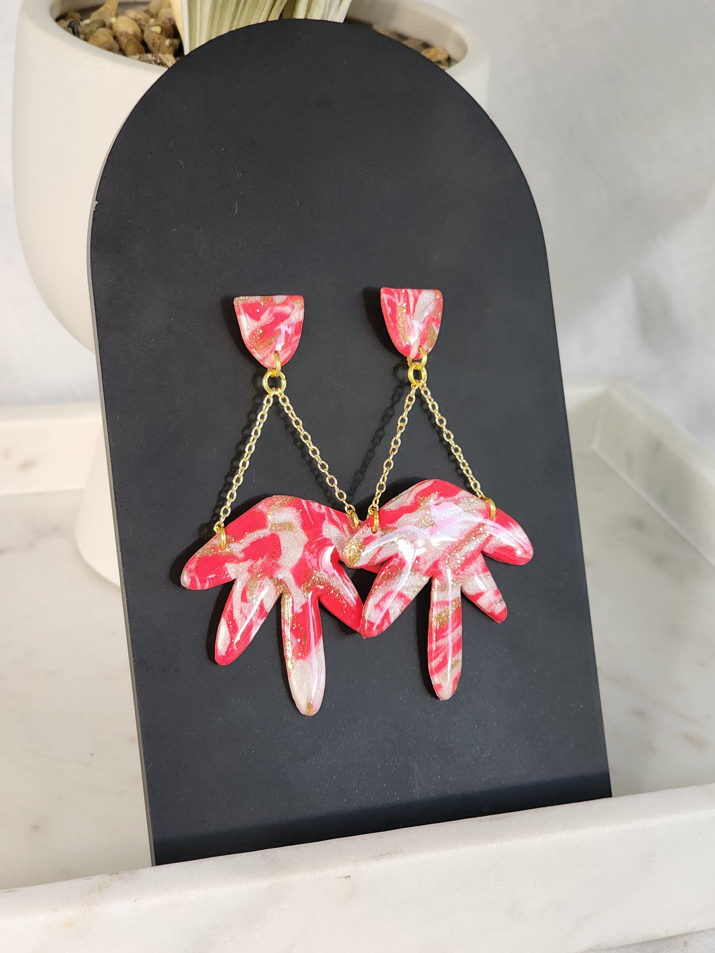 Pink & White Abstract Dangle Chain Studs | Handmade Polymer Clay Earrings