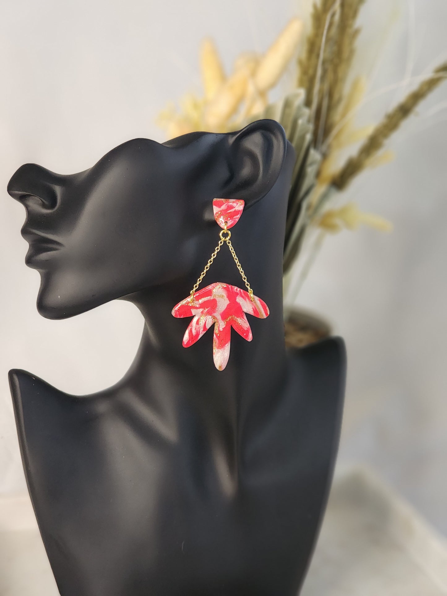 Pink & White Abstract Dangle Chain Studs | Handmade Polymer Clay Earrings