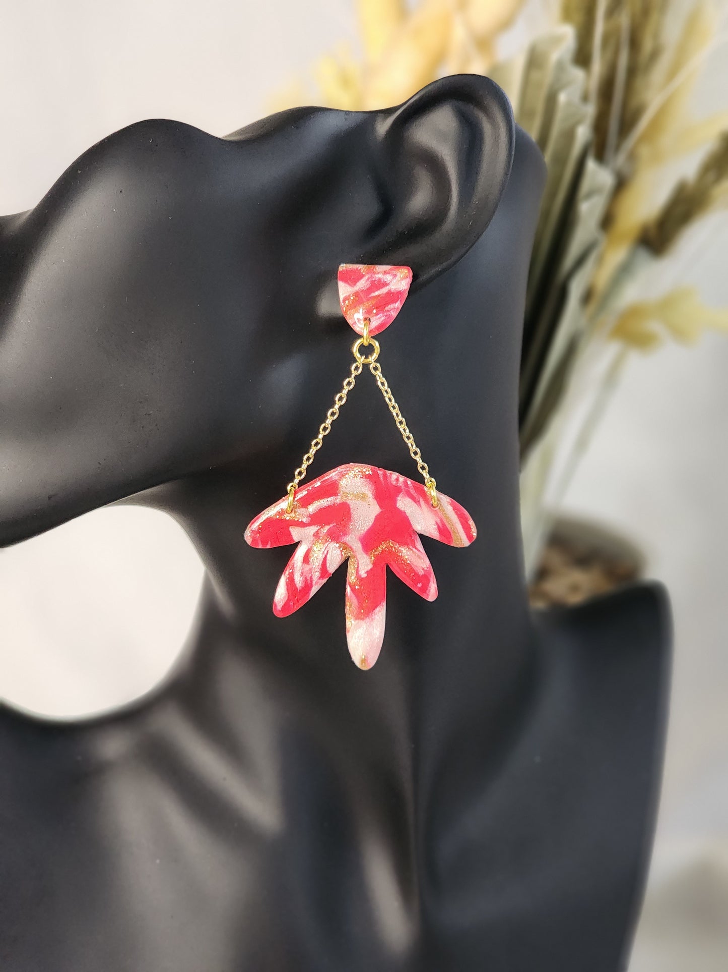 Pink & White Abstract Dangle Chain Studs | Handmade Polymer Clay Earrings