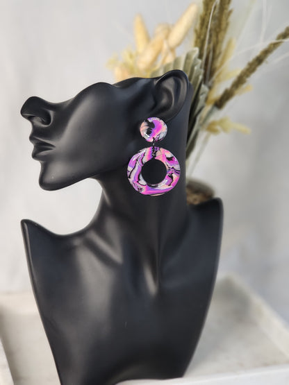 Purple & Black Abstract Dangle Studs | Handmade Polymer Clay Earrings