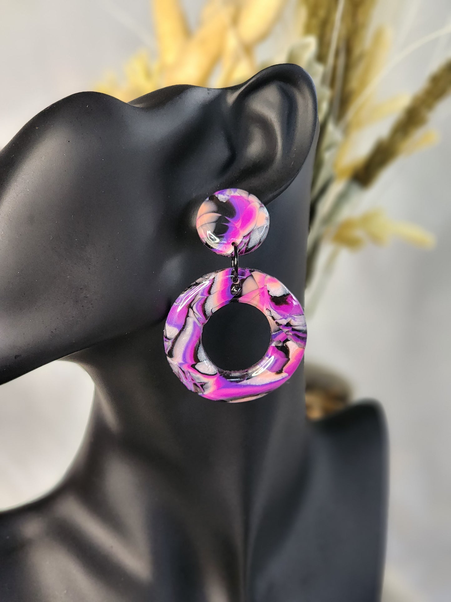 Purple & Black Abstract Dangle Studs | Handmade Polymer Clay Earrings