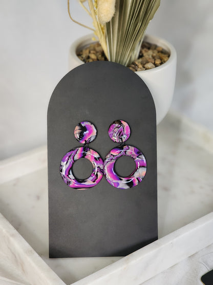 Purple & Black Abstract Dangle Studs | Handmade Polymer Clay Earrings