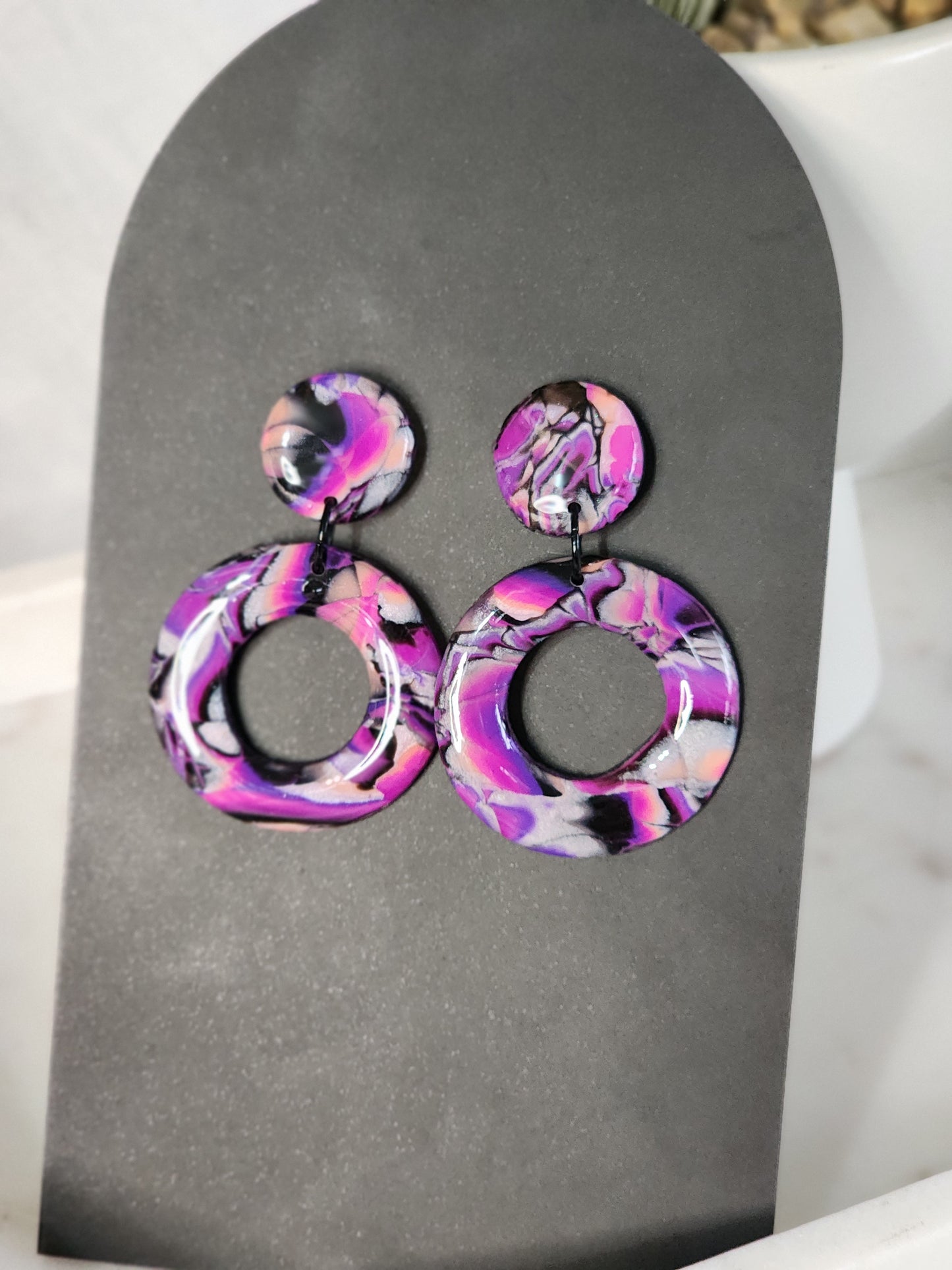 Purple & Black Abstract Dangle Studs | Handmade Polymer Clay Earrings