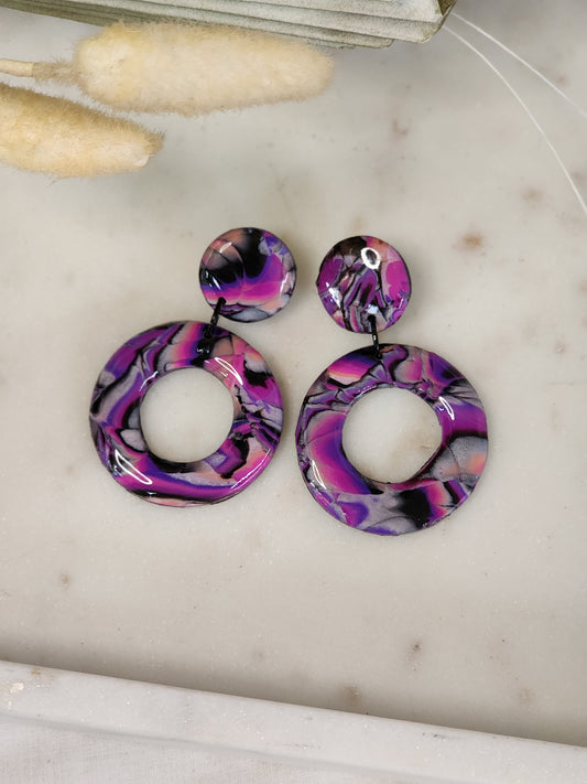 Purple & Black Abstract Dangle Studs | Handmade Polymer Clay Earrings