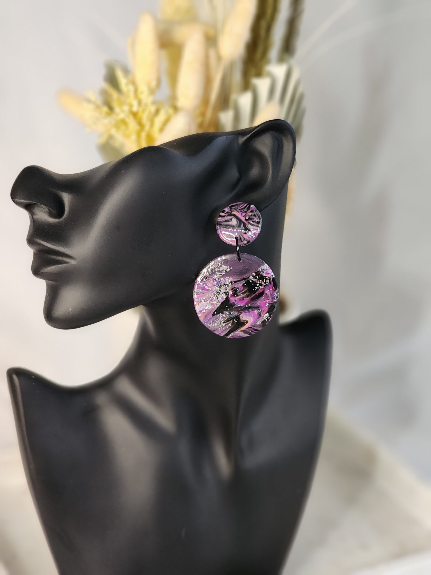 Purple & Black Abstract Dangle Studs | Handmade Polymer Clay Earrings