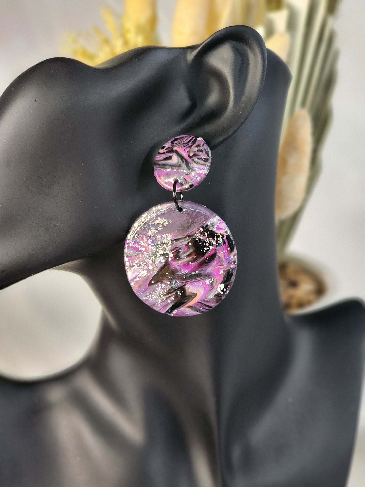 Purple & Black Abstract Dangle Studs | Handmade Polymer Clay Earrings