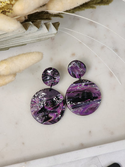 Purple & Black Abstract Dangle Studs | Handmade Polymer Clay Earrings