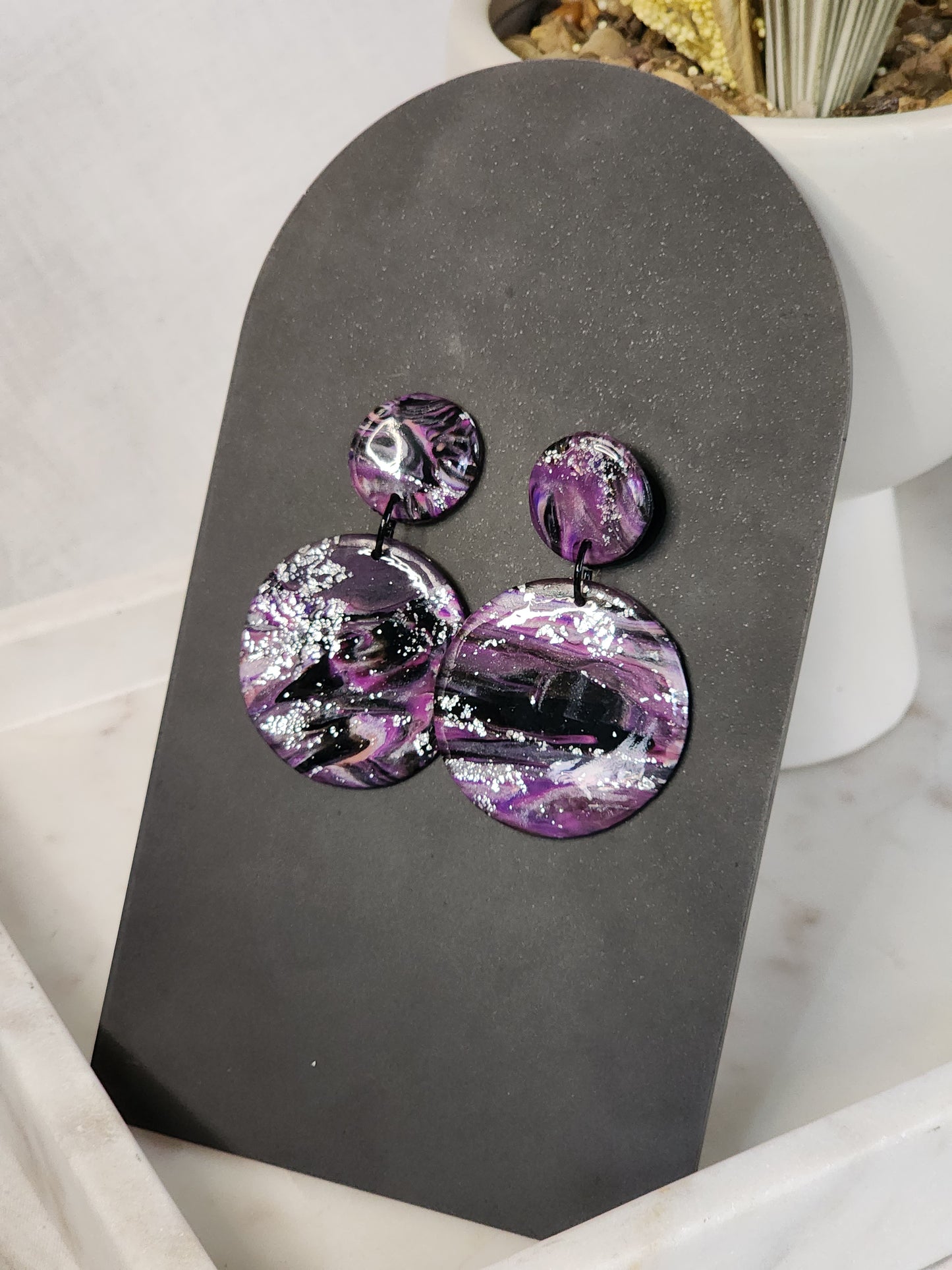 Purple & Black Abstract Dangle Studs | Handmade Polymer Clay Earrings