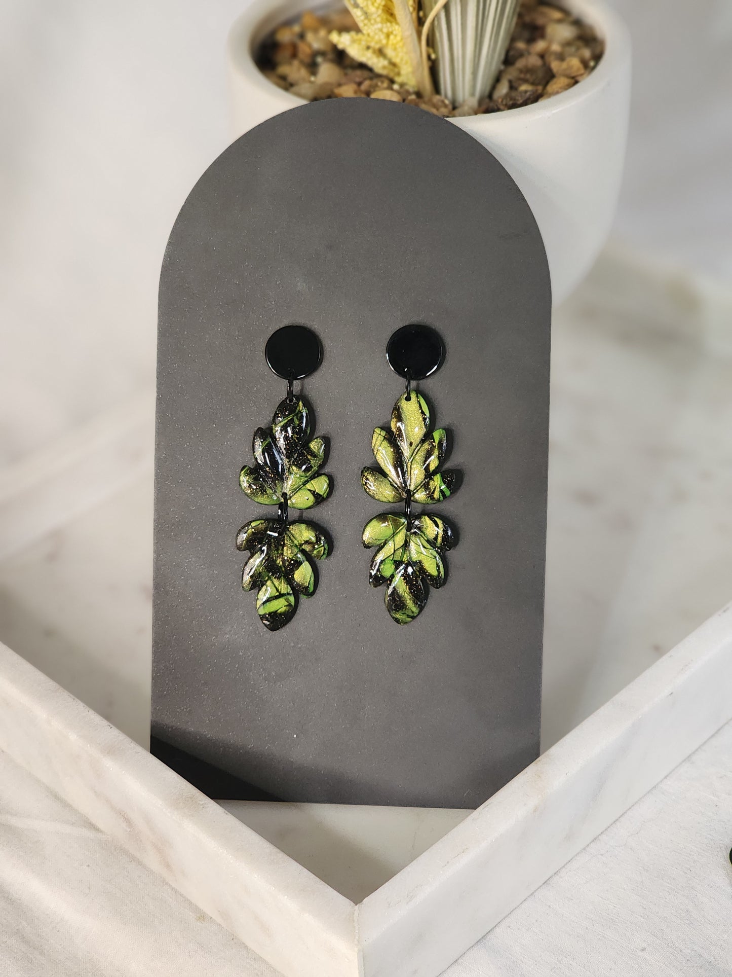 Black & Green Shimmer Dangle Studs | Handmade Polymer Clay Earrings