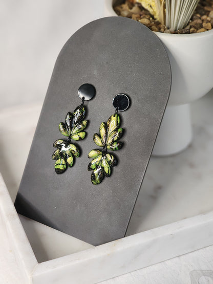 Black & Green Shimmer Dangle Studs | Handmade Polymer Clay Earrings