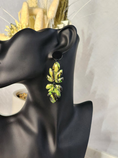 Black & Green Shimmer Dangle Studs | Handmade Polymer Clay Earrings